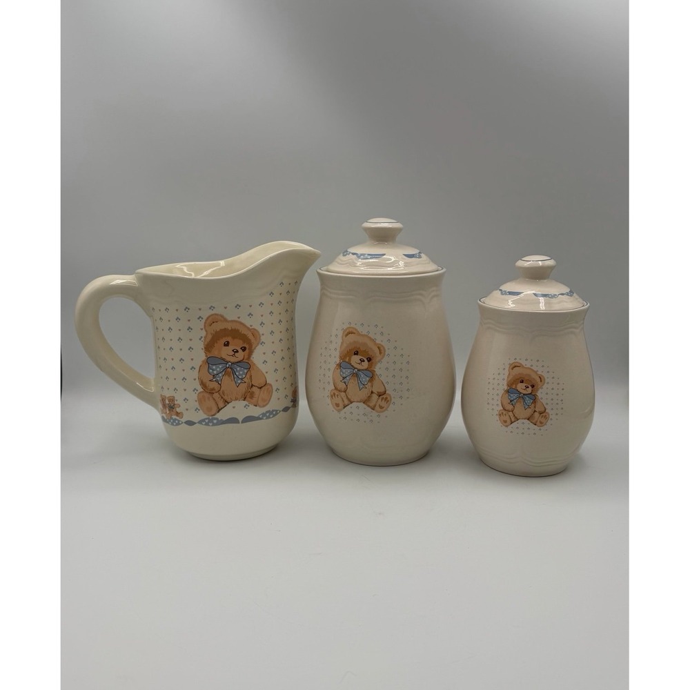 Tienshan Stoneware Teddy Bear Canister Set Pitcher Cream Blue Bow Country Bear